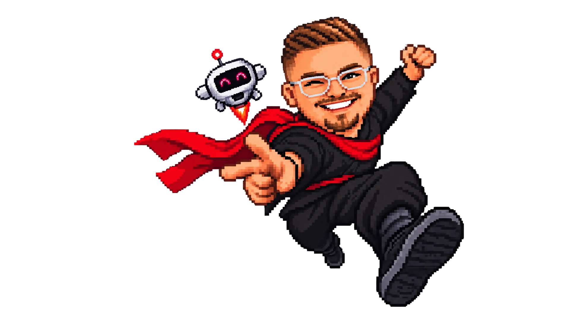 Pixel-Karikatur: Leander als AI Ninja springt im Hamburger Hafen vom Kranhaken, dahinter die Elbphilharmonie