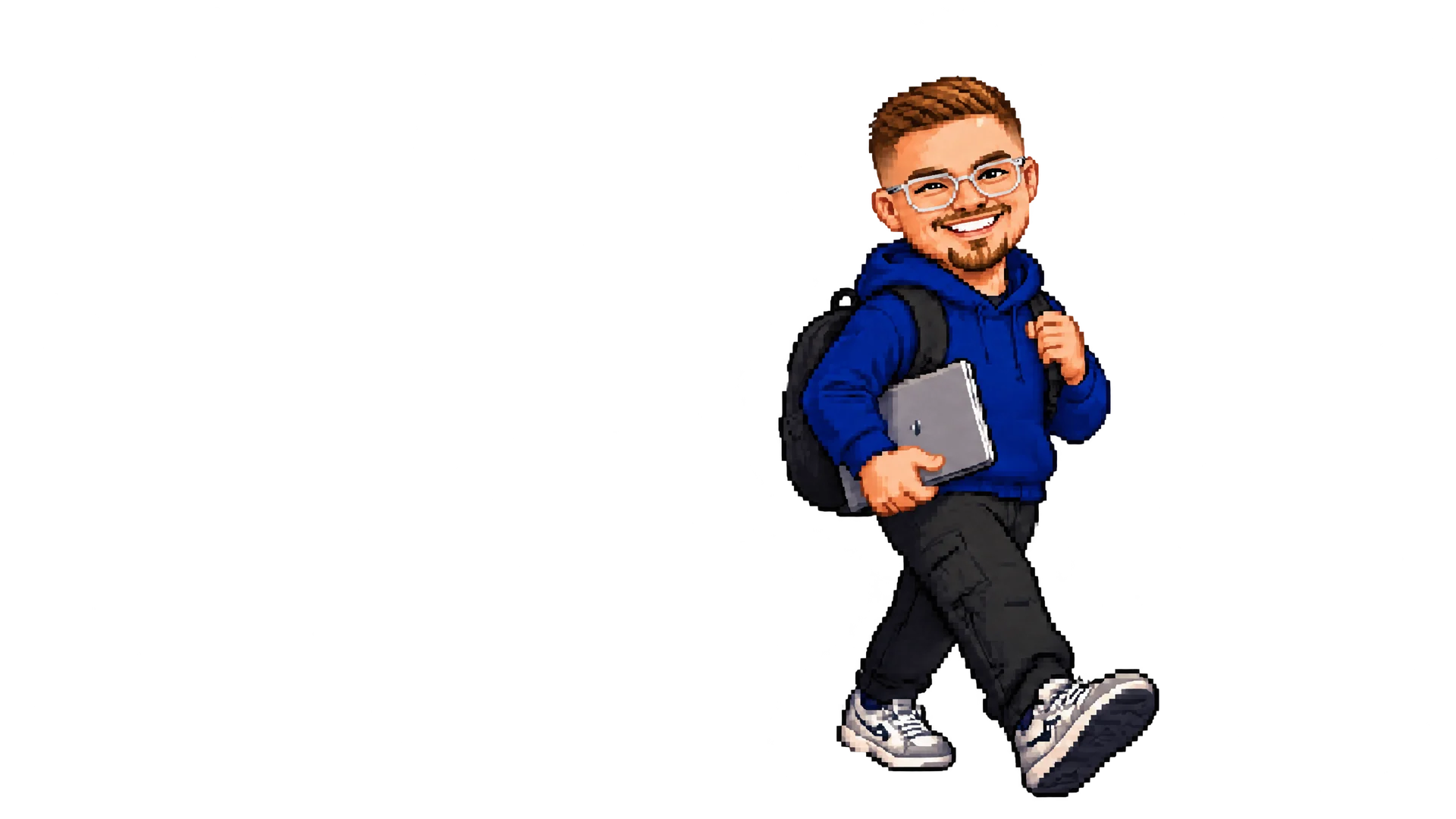 Pixel-Szene: Leander läuft mit Laptop und Rucksack über den Campus der FH Wedel