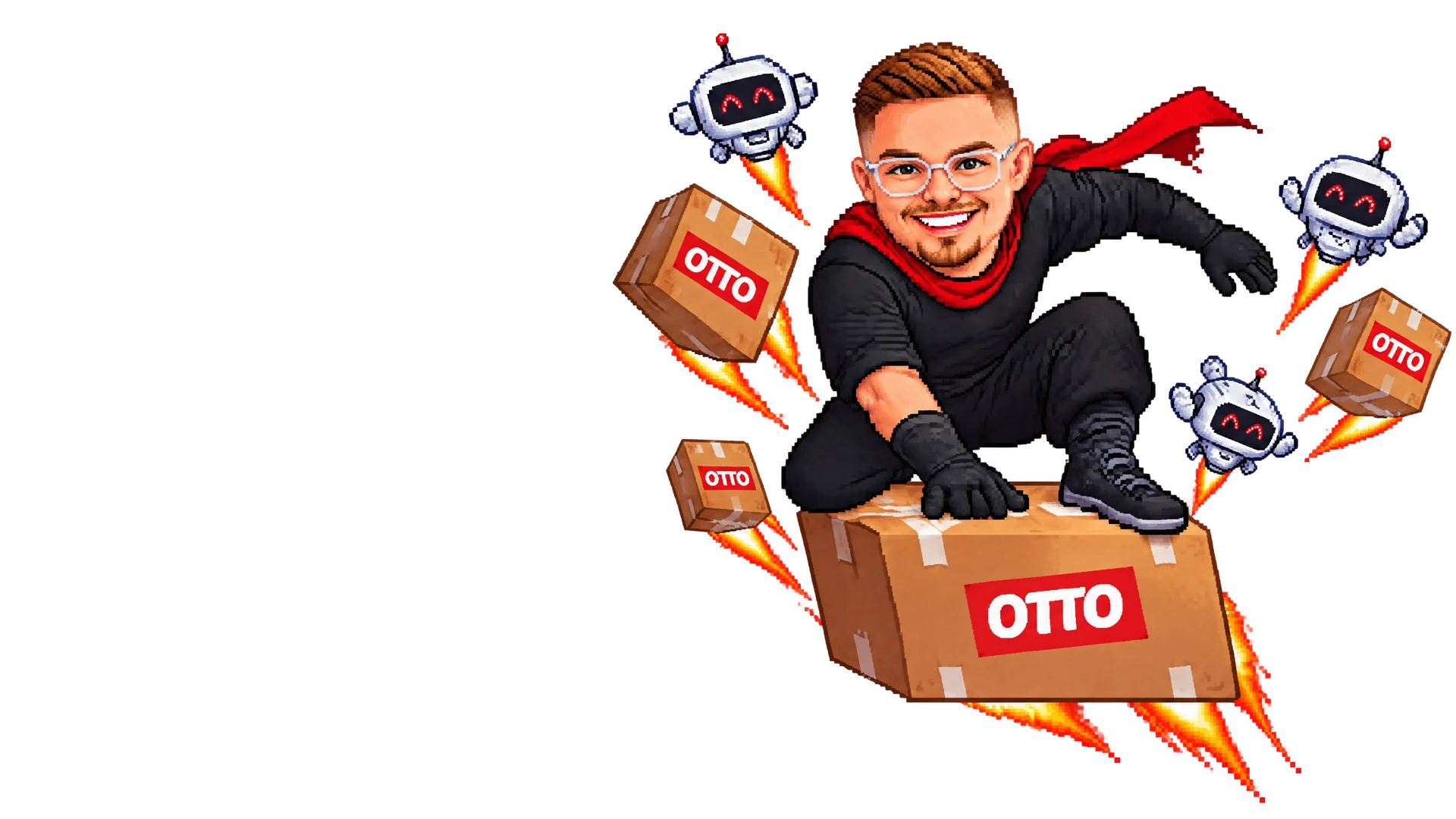Pixel-Szene: Leander surft auf fliegenden OTTO-Paketen über die OTTO-Zentrale