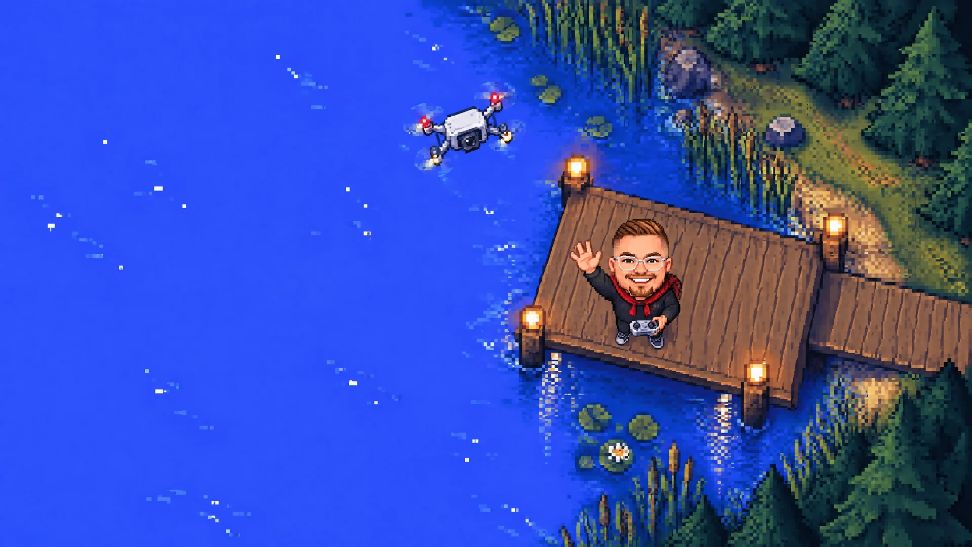 Pixel-Szene aus der Drohnenperspektive: Leander winkt vom Steg an einem Schwarzwaldsee