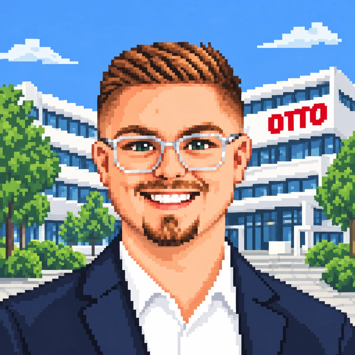 Pixel-Porträt: Leander im Blazer vor der OTTO-Zentrale